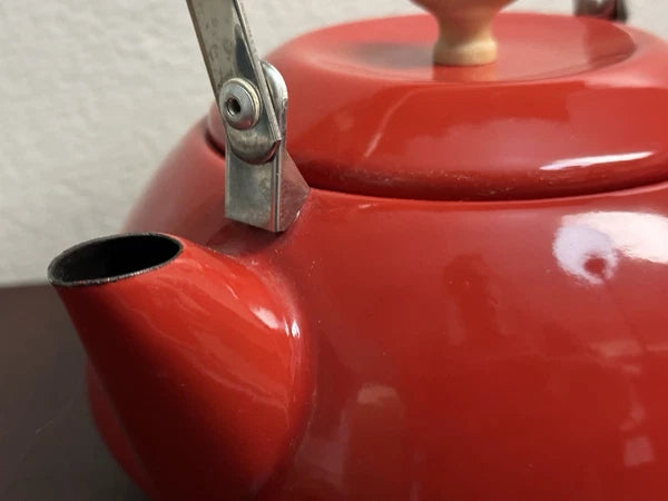 Vintage Mid Century Scandinavian Danish Red Enamel Tea Kettle Teapot Wood Handle