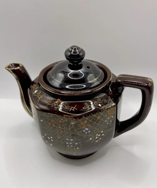 Vintage Brown Betty Redware Teapot Moriage Enamel Hand Painted Japan GUC MCM