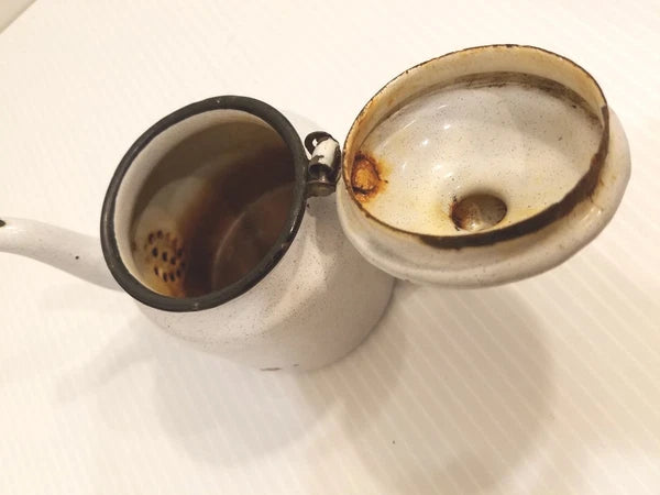 White with Speckles Small Individual Service Size Enamel Tea Pot, Black Handle