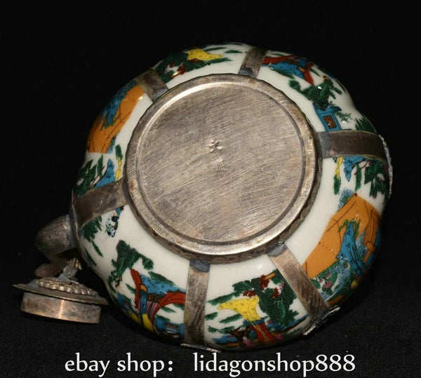 6.8" Old Chinese Silver Enamel Porcelain Beauty Belle Portable Kettle Teapot