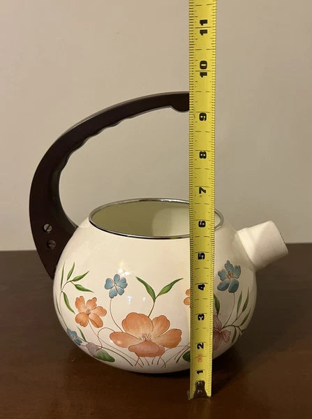 Vintage Enamelware Teapot Stovetop Whistling Kettle 2 Qt White Floral Tea Pot