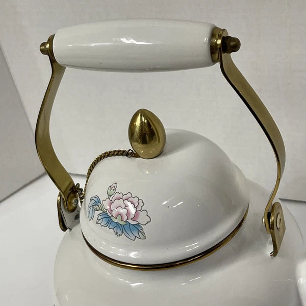 Vintage Tea Kettle Pot Enamel Porcelain Poppies National Housewares 1988 Brass